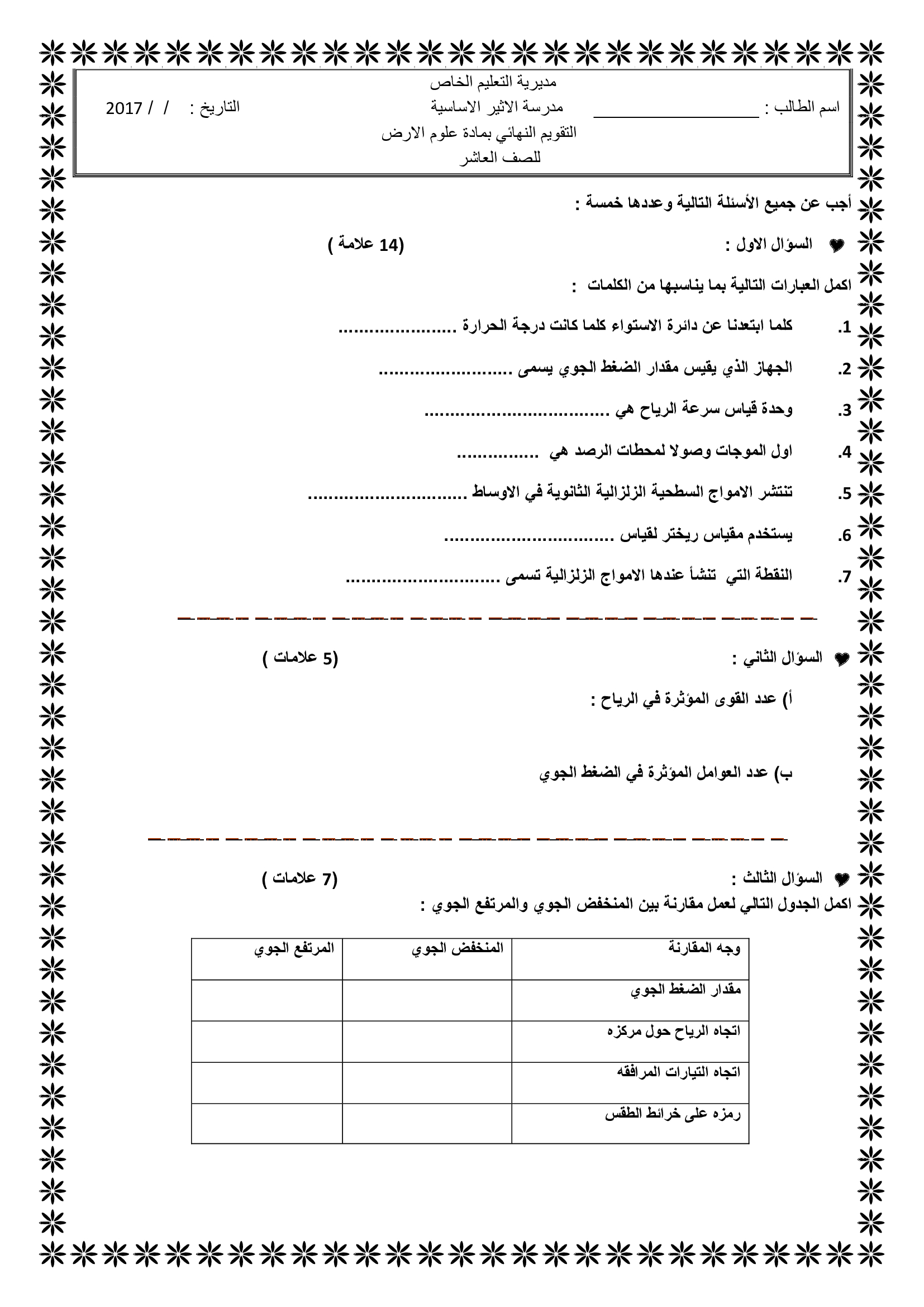 امتحان نهائي لمادة علوم الارض للصف العاشر الفصل الاول 2017